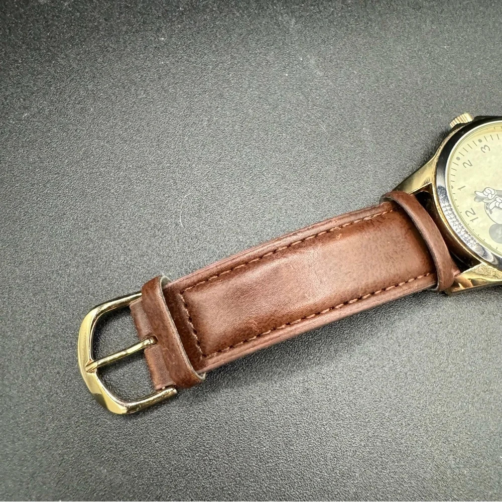 Vintage Mickey Mouse Disney Wide Face Analog Watch with Brown Leather Band - Picture 12 of 16